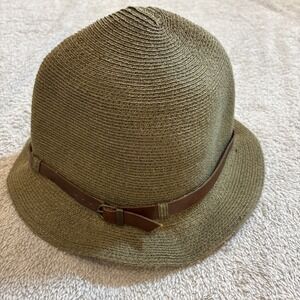 GREVI Hemp Cloche Hat Green W/ Brown Leather Trim Made In Italy‎ Packable Rare
